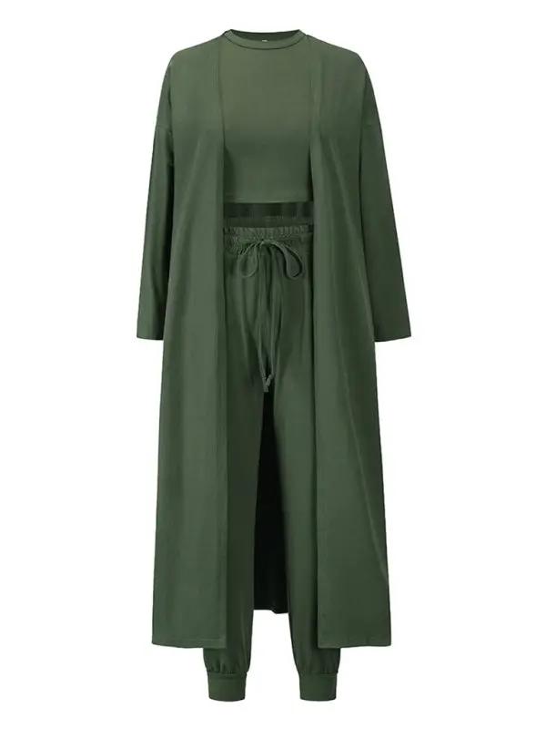 Front view of green knitted three-piece loungewear set