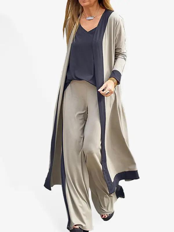 Lässige ärmellose Weste in Kontrastfarbe für Damen + langärmelige Strickjacke + Hose, drei Sets 