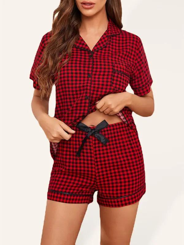 Red plaid short sleeve shorts homewear set, front view.