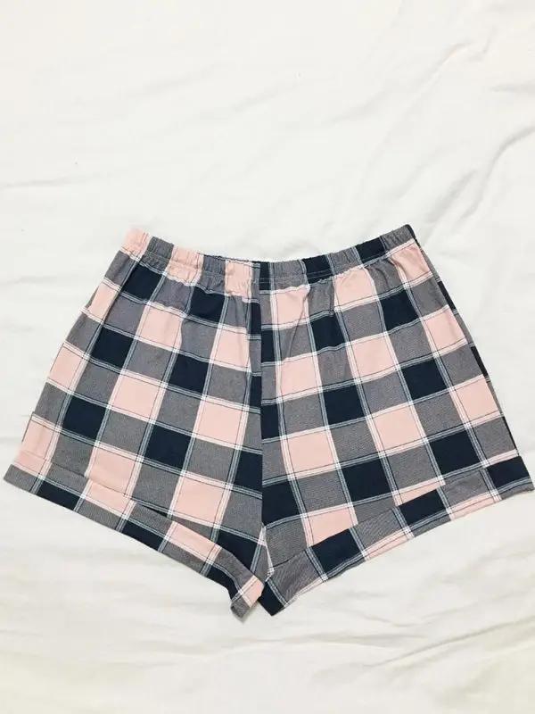 Back view of plaid short pajama pants for women.