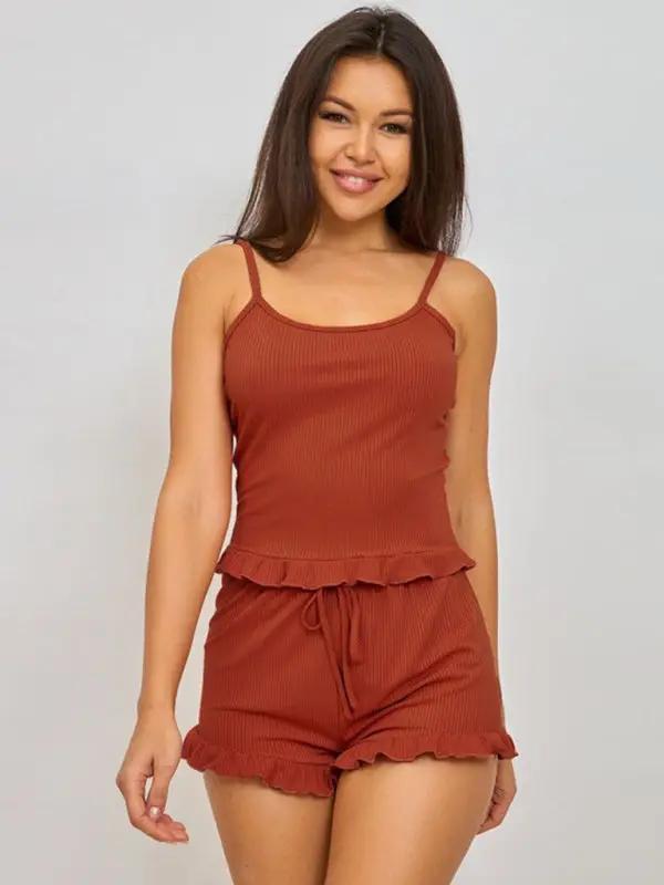 Rust-colored ribbed loungewear set with ruffle trim