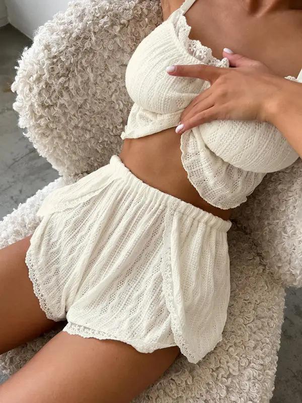 Cream lace camisole shorts pajamas set