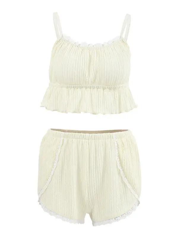 Front view of lace camisole shorts set