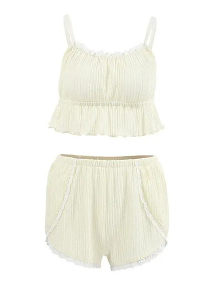 Front view of lace camisole shorts set