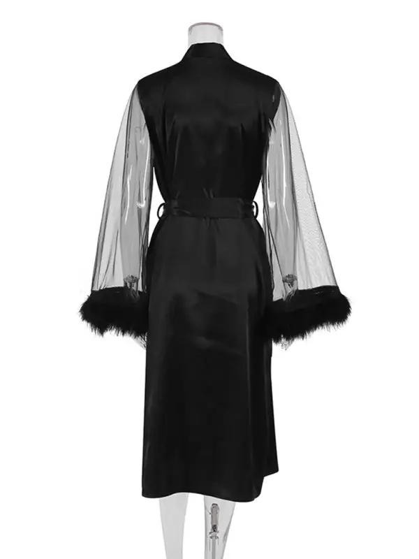 Back view of black feather spliced mesh nightgown