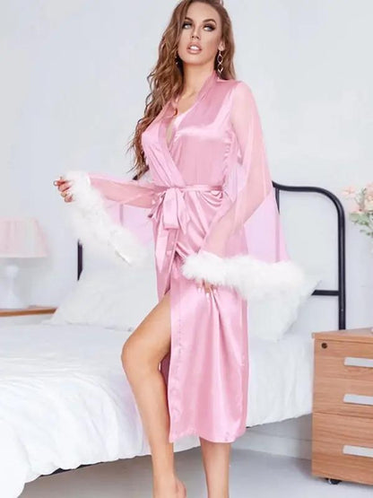 Pink feather spliced mesh nightgown with tie waist