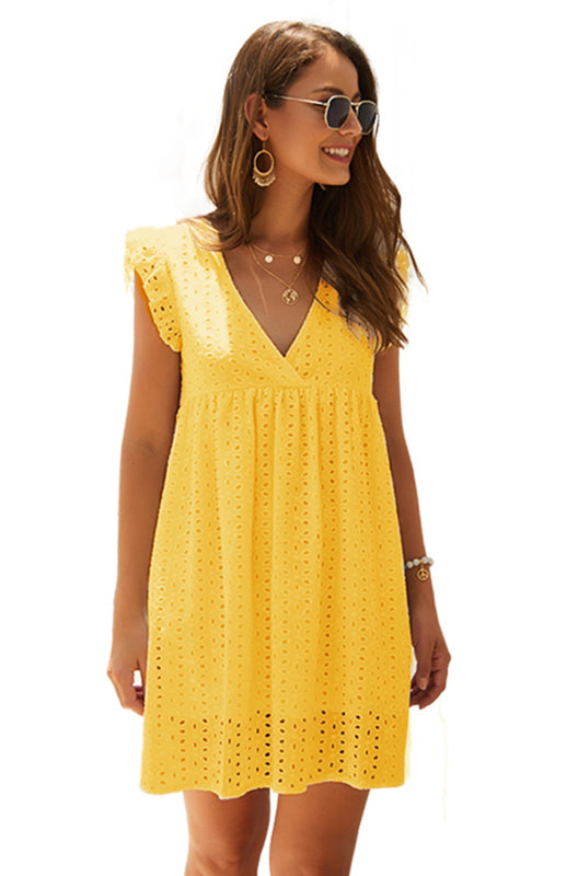 Robe midi en dentelle à manches courtes et col en V pour femmes 