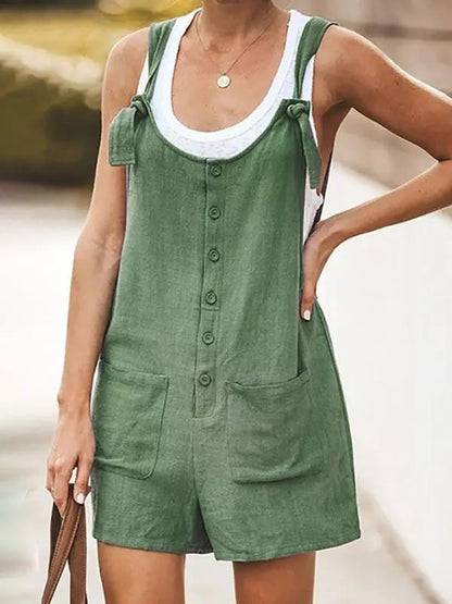 Green Ladies Daisy Cotton Linen Bib Shorts