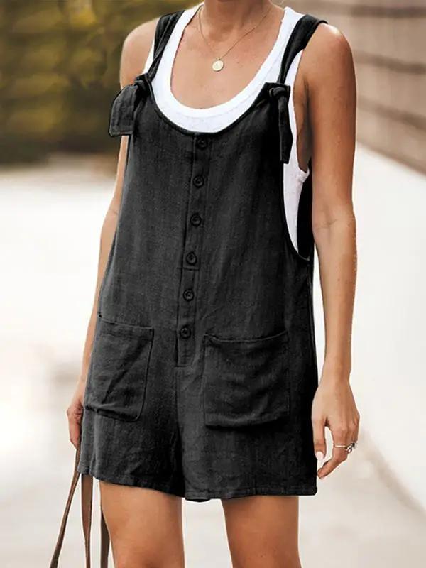 Black Ladies Daisy Cotton Linen Bib Shorts