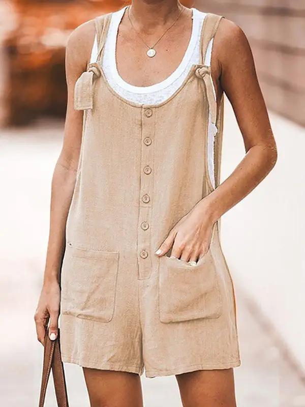 Beige Ladies Daisy Cotton Linen Bib Shorts