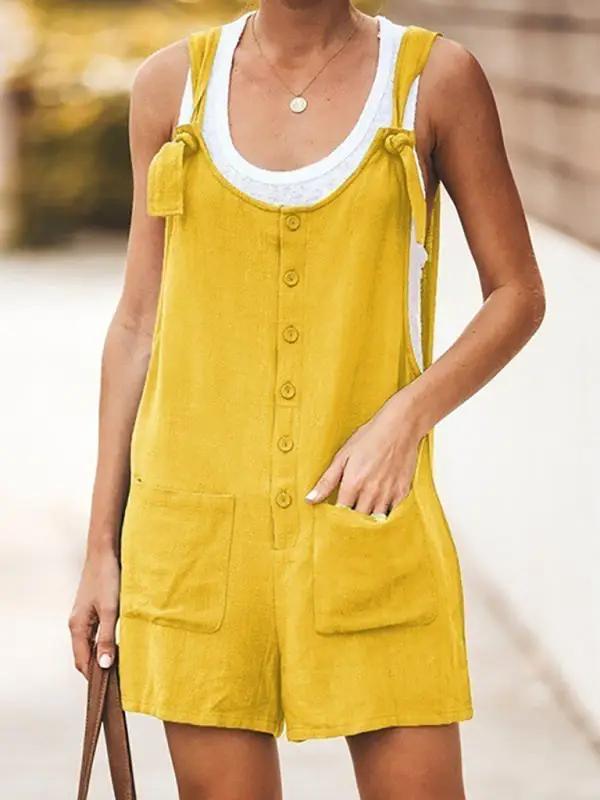 Yellow Ladies Daisy Cotton Linen Bib Shorts