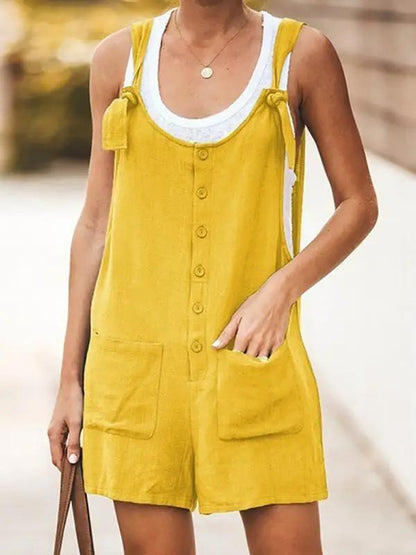 Yellow Ladies Daisy Cotton Linen Bib Shorts