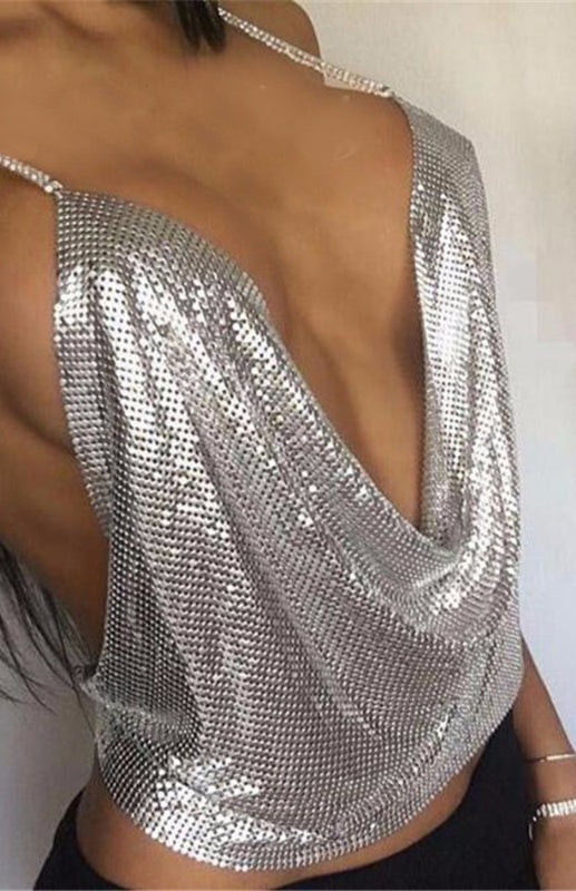 Haut dos nu sexy à sequins métallisés pour femmeHaut dos nu sexy à sequins métallisés pour femme 