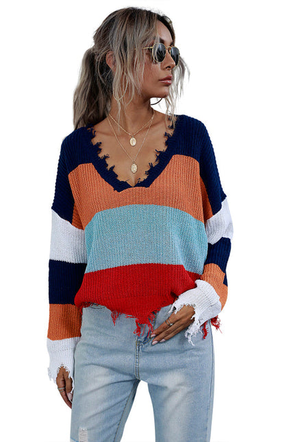 Ladies V-Neck Striped Stitching Sweater