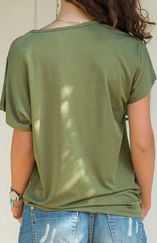 Lässiges T-Shirt mit schrägen Schultern, gekreuzten unregelmäßigen Ärmeln
