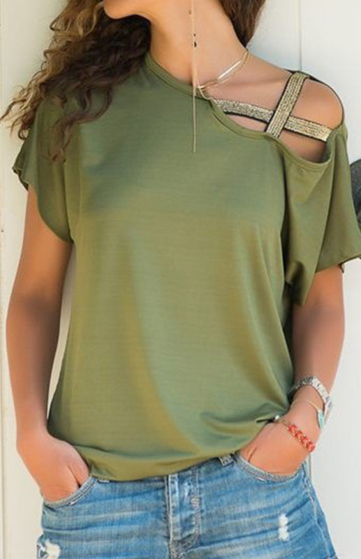 Lässiges T-Shirt mit schrägen Schultern, gekreuzten unregelmäßigen Ärmeln