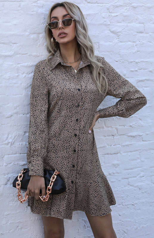 Ladies Long Sleeve Leopard Print Lapel Pleated Shirt Dress