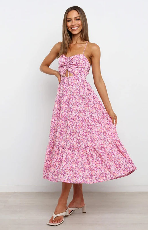 Damen-Kleid mit gerafftem Blumenausschnitt und Sling-Ausschnitt 