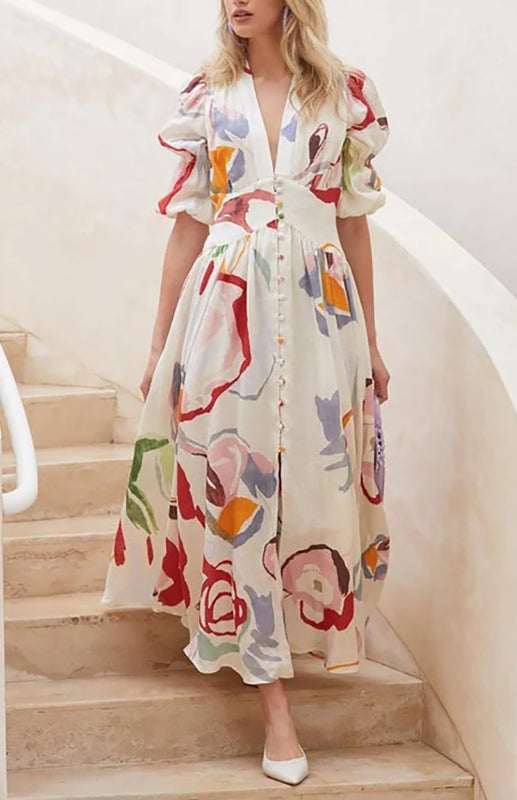 Maxi-Strandkleid mit V-Ausschnitt und schmaler Passform aus Chiffon mit Print