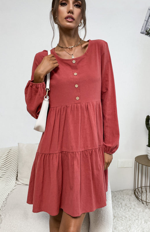 Damen-Kleid, plissiert, einfarbig, Rundhalsausschnitt, langärmelig, lockeres Baumwoll-Leinen-Kleid 
