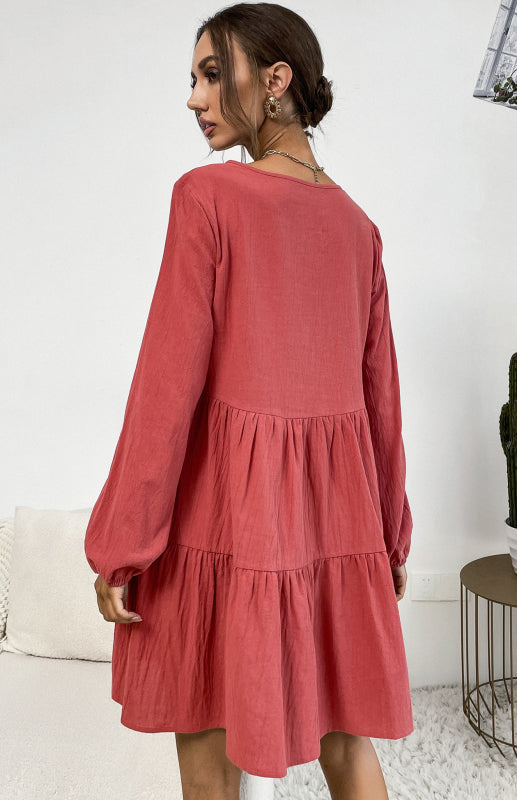 Damen-Kleid, plissiert, einfarbig, Rundhalsausschnitt, langärmelig, lockeres Baumwoll-Leinen-Kleid 
