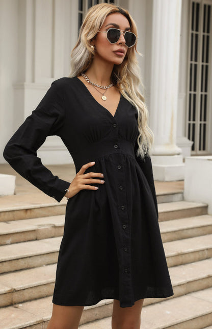 Robe chemise slim noire pour femmes, col en V, en coton et lin 