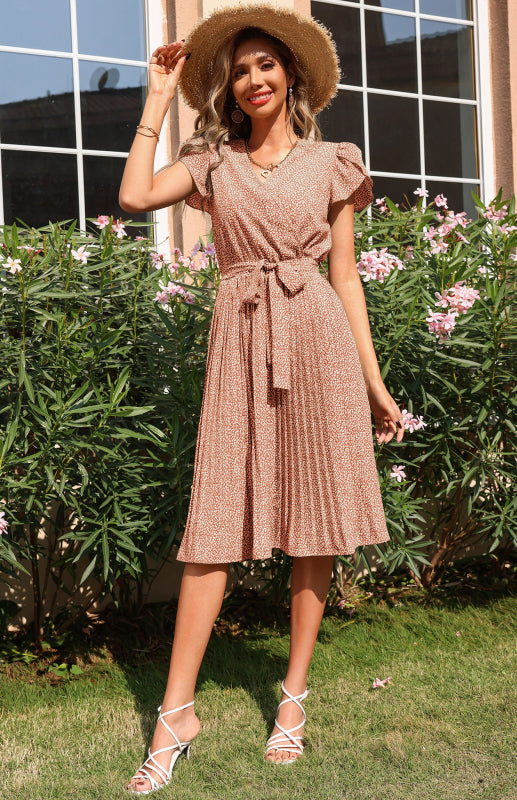 Damenkleid mit bedrucktem Rock und plissiertem V-Ausschnitt