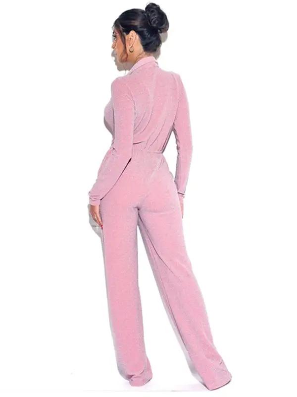 Pink wide-leg deep V-neck long sleeve jumpsuit back view