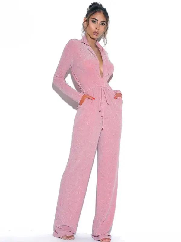 Pink wide-leg deep V-neck long sleeve jumpsuit front view