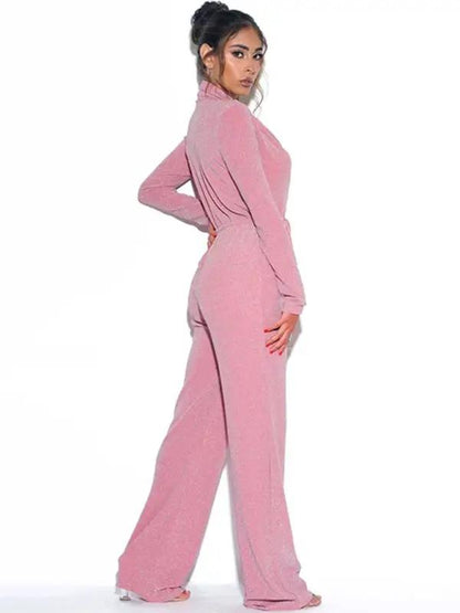 Pink wide-leg deep V-neck long sleeve jumpsuit side view