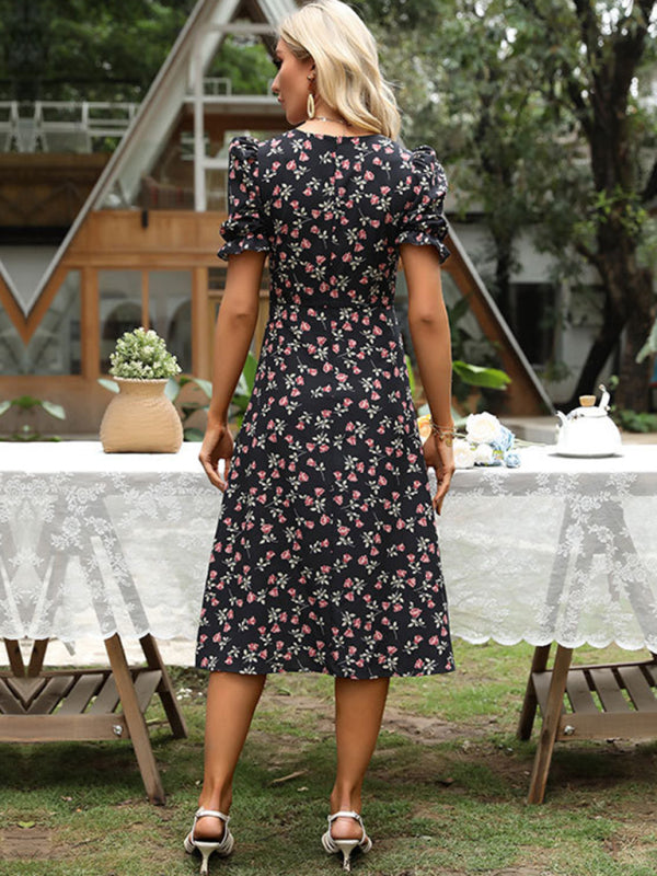 Robe à fleurs européenne et américaine, col en v, manches bouffantes, robe française 