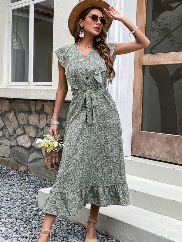 Slim Long Skirt High Waist Green European and American Retro Dress