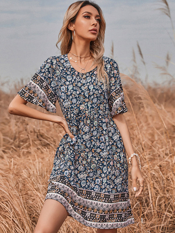 Robe courte Vintage imprimée à col rond pour femmes, nouvelle collection 