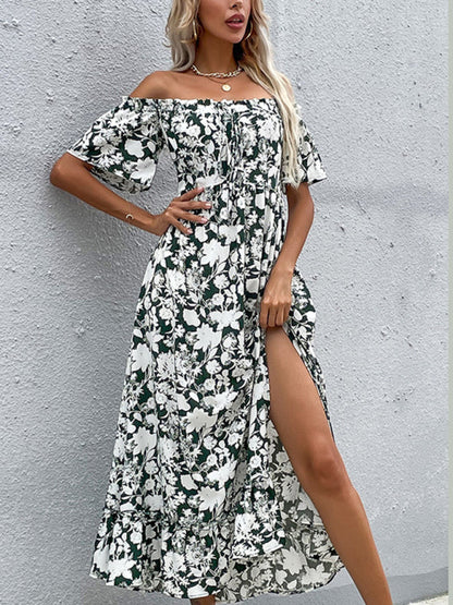 Nipped Waist Slim Midi Dress Short Sleeve Printed One-Shoulder Dress