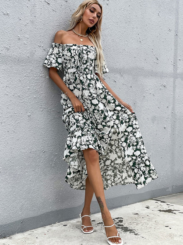 Nipped Waist Slim Midi Dress Short Sleeve Printed One-Shoulder Dress