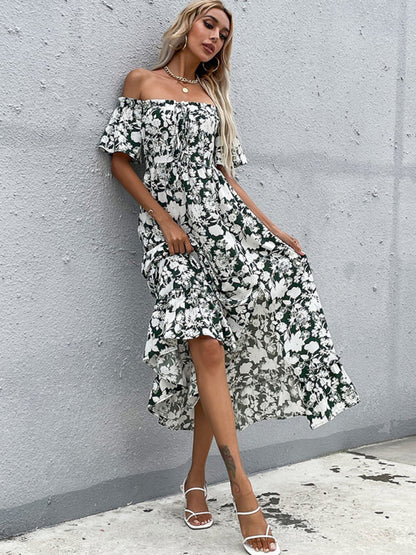 Nipped Waist Slim Midi Dress Short Sleeve Printed One-Shoulder Dress