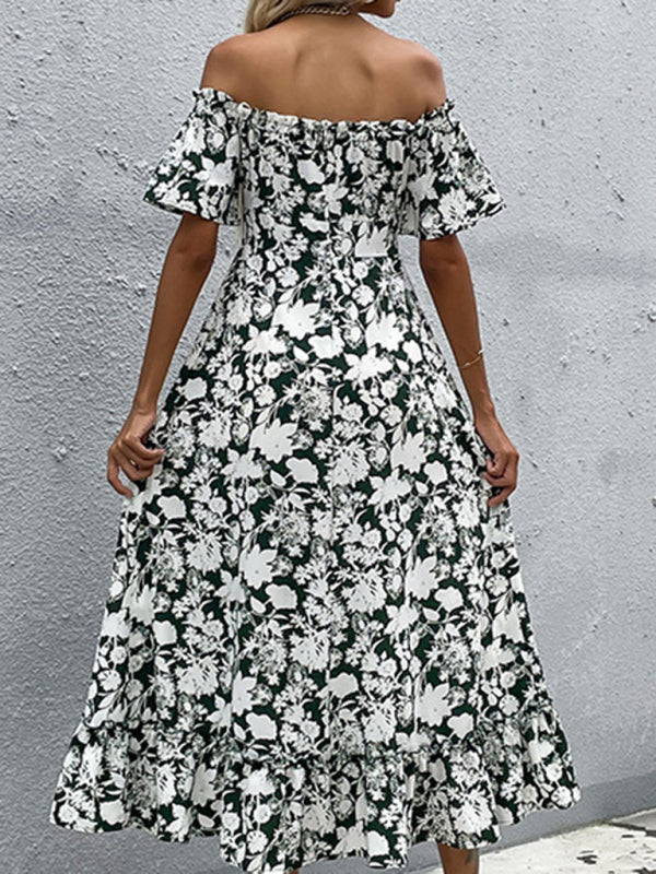 Robe midi fine à taille pincée, manches courtes, robe imprimée à une épaule 