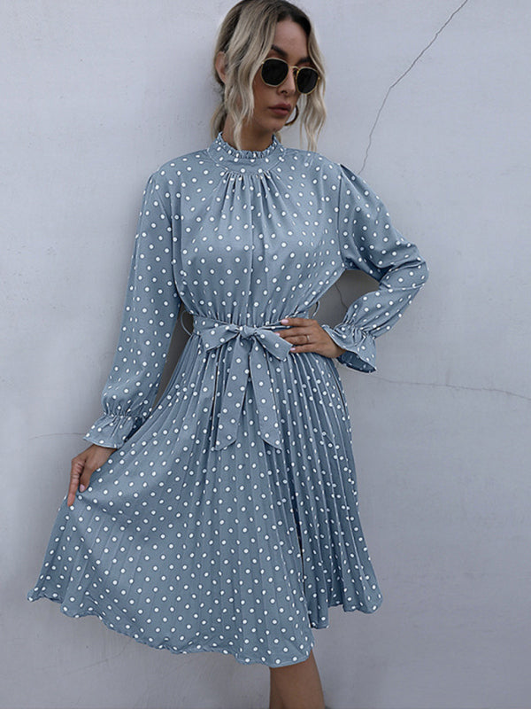 Robe Slim à manches longues et col roulé plissé pour femmes, Vintage, à pois 