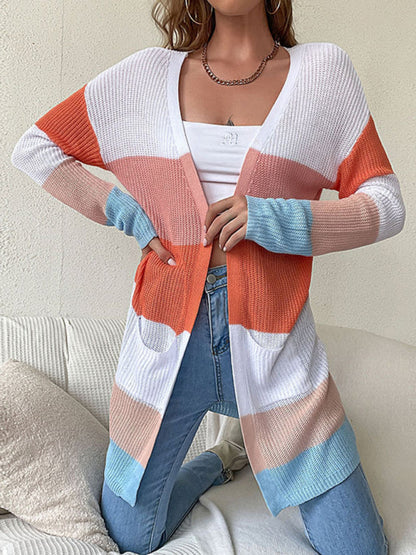 European and American long-sleeved color-blocking sweater jacket
