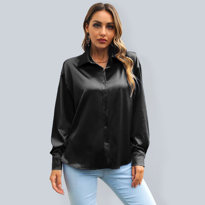 Women’s Chic Satin Button Down Collared Blouse