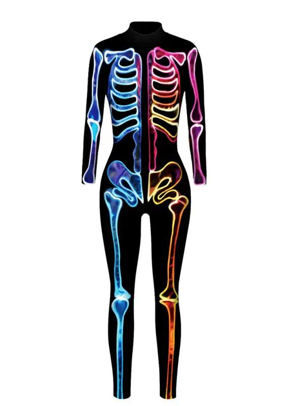 3D digital printed skeleton jumpsuit, front view