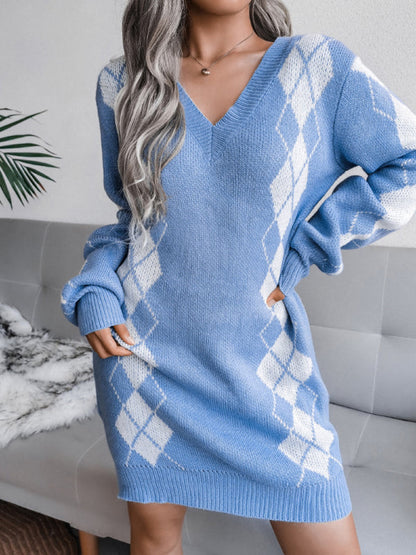 Ladies Rhombus Sweater Dress Knitted Dress (Without Belt)