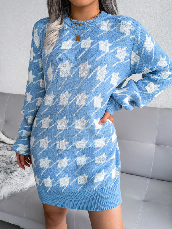 Robe en laine tricotée à manches lanternes pour femmes, tenue de loisirs en treillis, mille oiseaux 