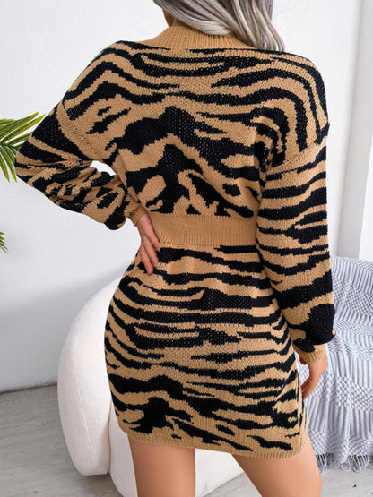 Robe en laine à motif de tigre pour femmes, manches lanternes, taille fermée, à la mode 