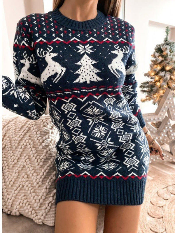 Damen Skinny Sexy Weihnachts-Jacquard-Langarmkleid