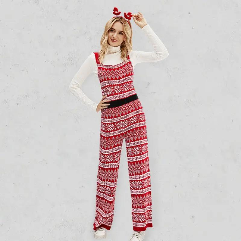 Red Christmas snowflake knitted jumpsuit with antler headband