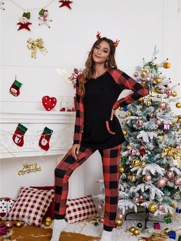 Damen Rundkragen Kollision Farbe Plaid Home Set Weihnachten Patchwork Zweiteiler 