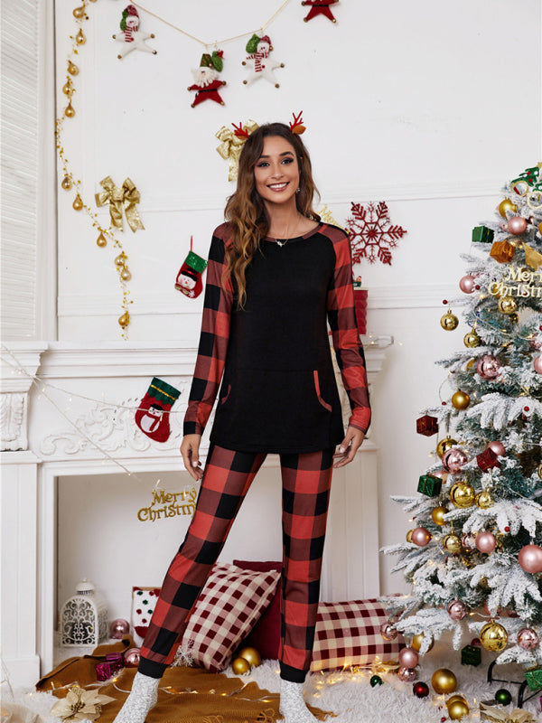 Damen Rundkragen Kollision Farbe Plaid Home Set Weihnachten Patchwork Zweiteiler 