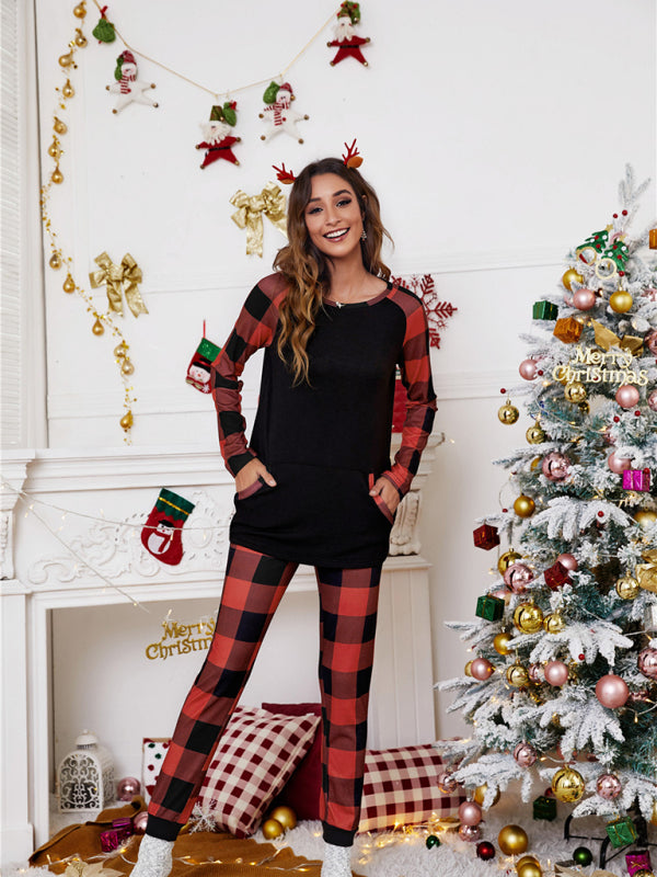 Damen Rundkragen Kollision Farbe Plaid Home Set Weihnachten Patchwork Zweiteiler 