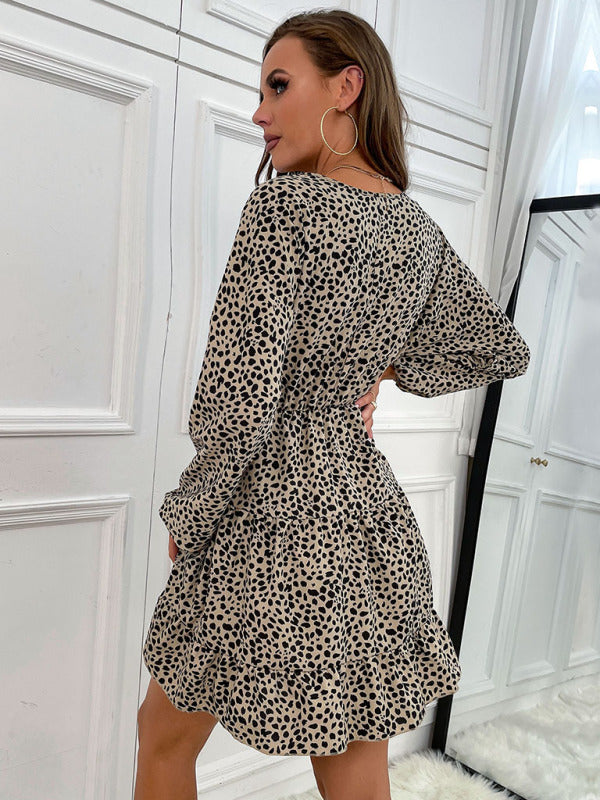 Robes à manches longues imprimé léopard pour femmes, col en v, Slim, robes à bascule 